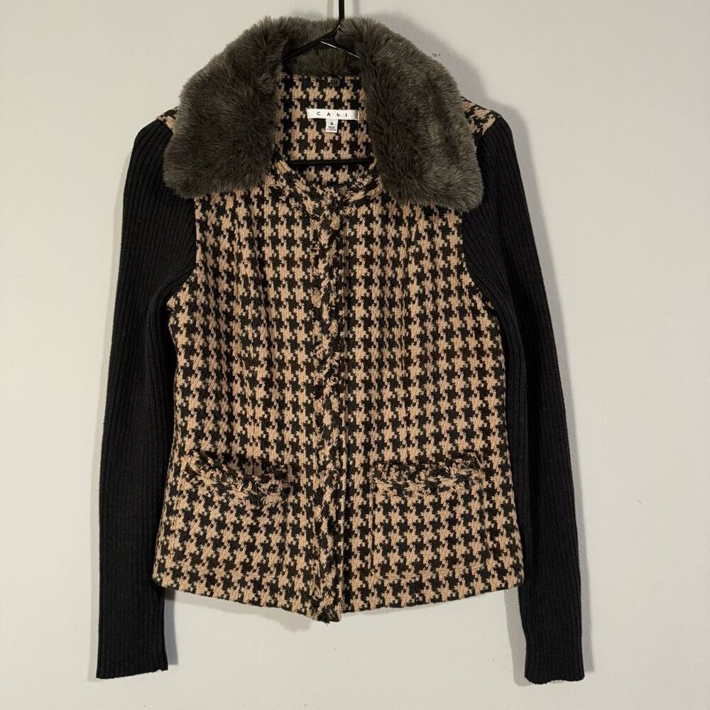 CAbi Houndstooth Faux Fur Detachable Collar Full Zip Jacket 4